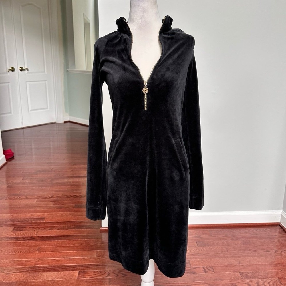 Lilly Pulitzer Eleni Black Velour Gold Hardware Quarter Zip Luxury Dress XS